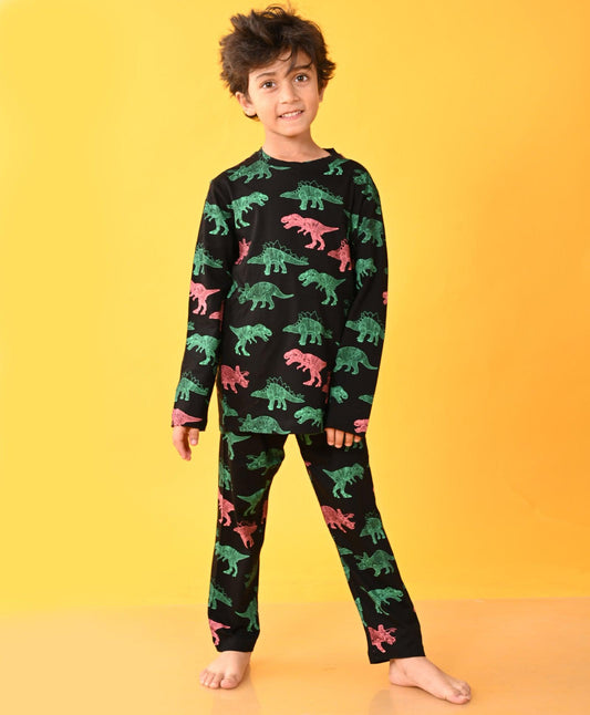 DINOSAUR BLACK LONG SLEEVES PYJAMA SET - BLACK - Anthrilo 