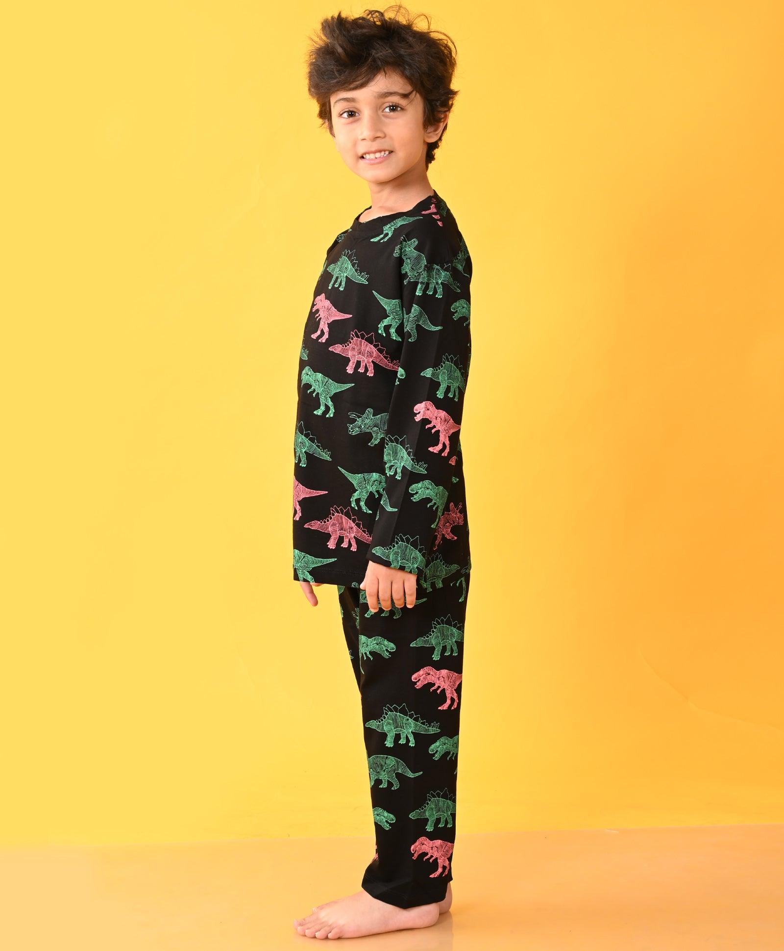 DINOSAUR BLACK LONG SLEEVES PYJAMA SET - BLACK - Anthrilo 