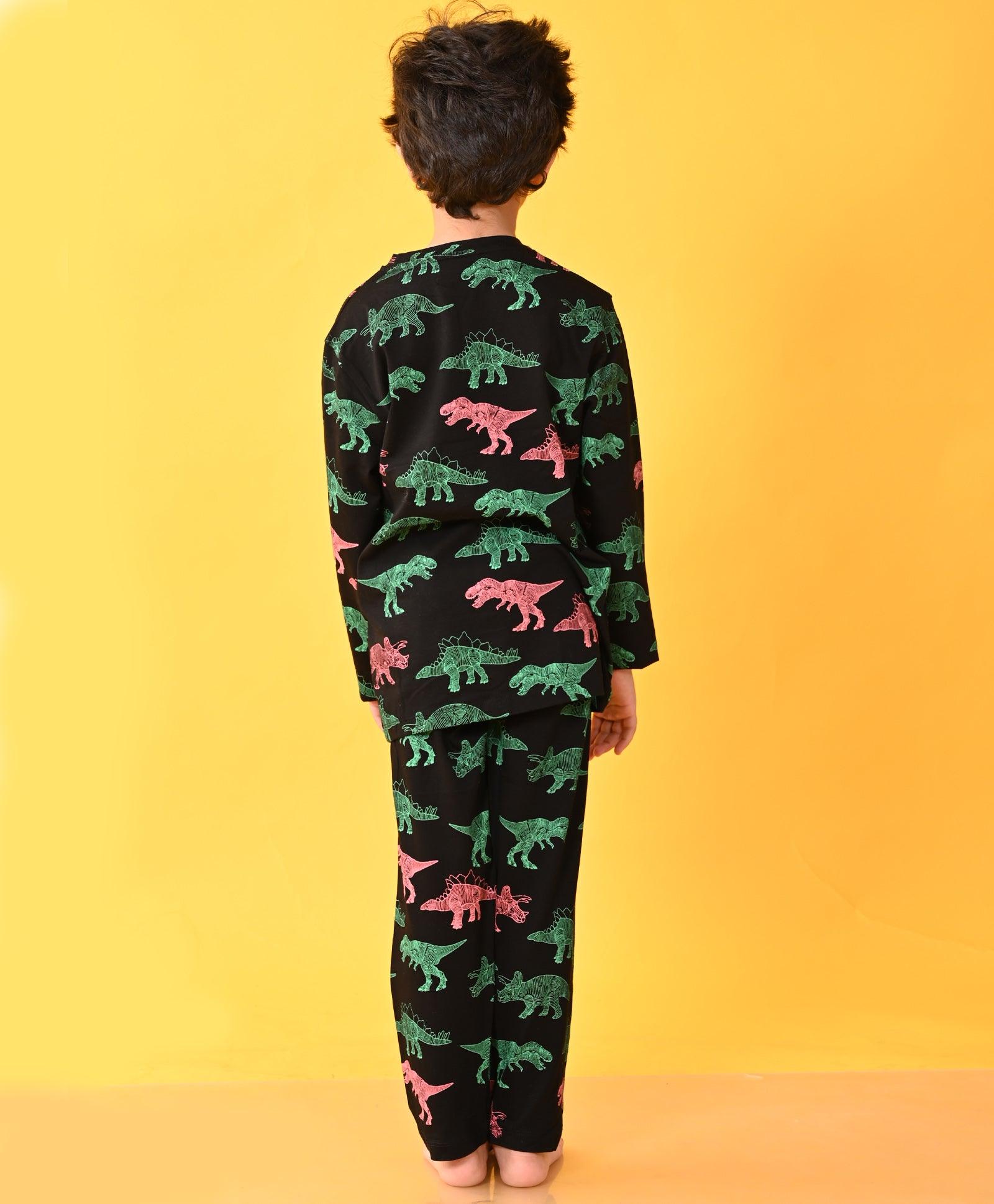 DINOSAUR BLACK LONG SLEEVES PYJAMA SET - BLACK - Anthrilo 