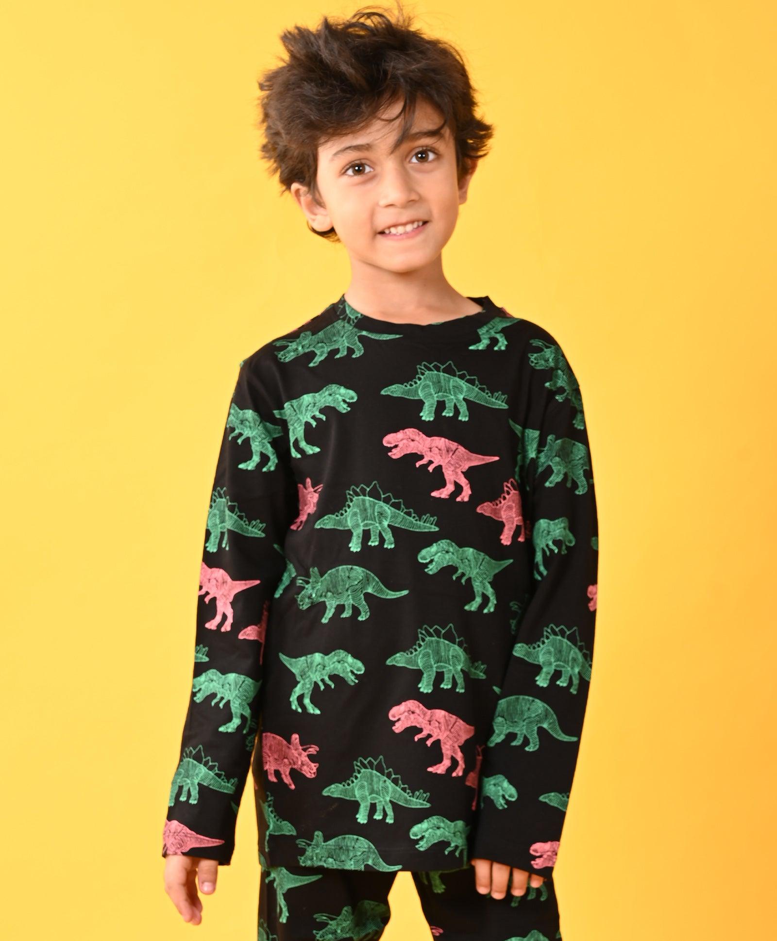 DINOSAUR BLACK LONG SLEEVES PYJAMA SET - BLACK - Anthrilo 