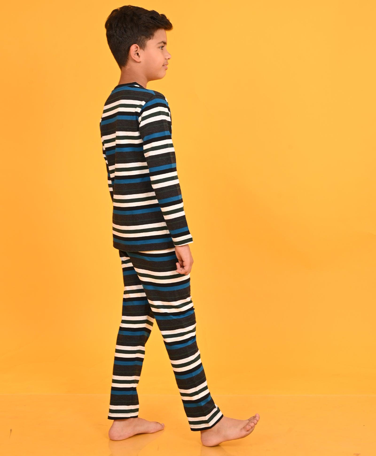 GREY BLUE TURQUOISE STRIPED LONG SLEEVES BOYS PYJAMA SET - Anthrilo 