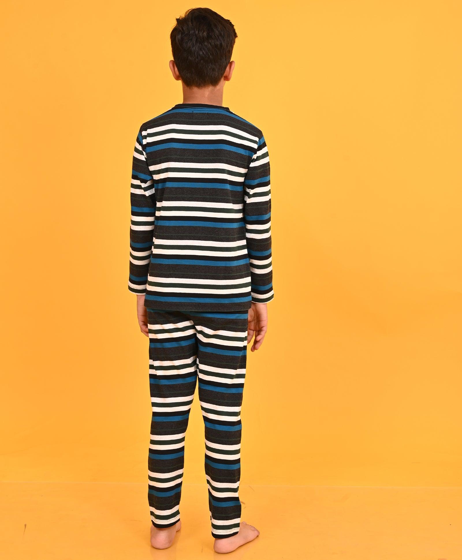 GREY BLUE TURQUOISE STRIPED LONG SLEEVES BOYS PYJAMA SET - Anthrilo 