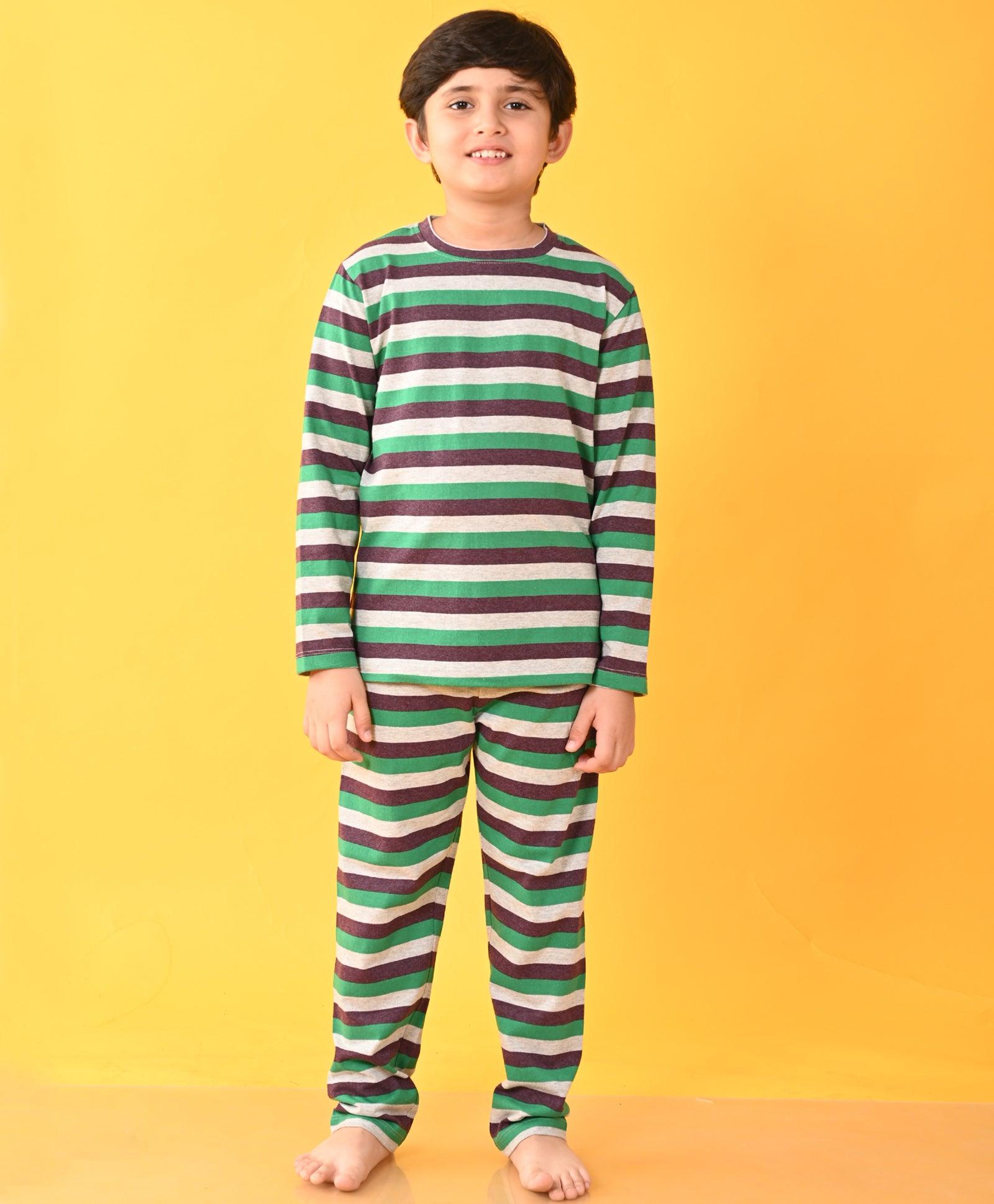 GREEN GREY BROWN STRIPED LONG SLEEVES BOYS PYJAMA SET - Anthrilo 