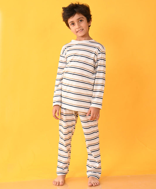 BEIGE ROYAL SKY STRIPED BOYS LONG SLEEVES PYJAMA SET - Anthrilo 