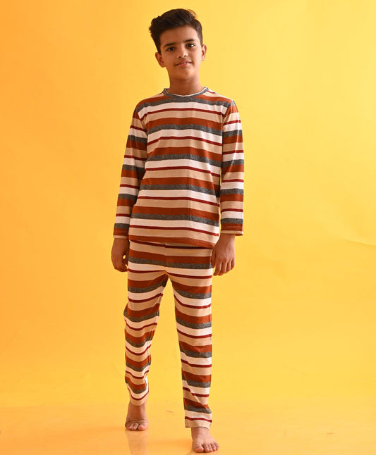 GRINDLE BEIGE STRIPED BOYS LONG SLEEVES PYJAMA SET - Anthrilo 