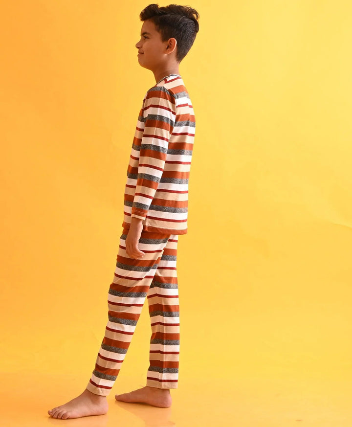 GRINDLE BEIGE STRIPED BOYS LONG SLEEVES PYJAMA SET - Anthrilo 