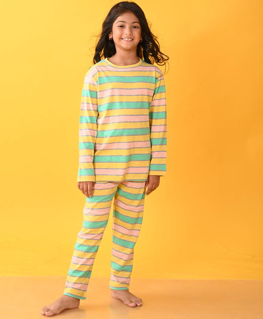 PEACH AQUA YELLOW GREY STRIPED LONG SLEEVES GIRLS PYJAMA SET - Anthrilo 