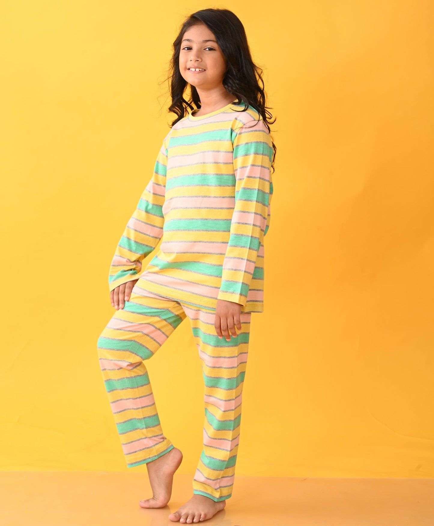 PEACH AQUA YELLOW GREY STRIPED LONG SLEEVES GIRLS PYJAMA SET - Anthrilo 