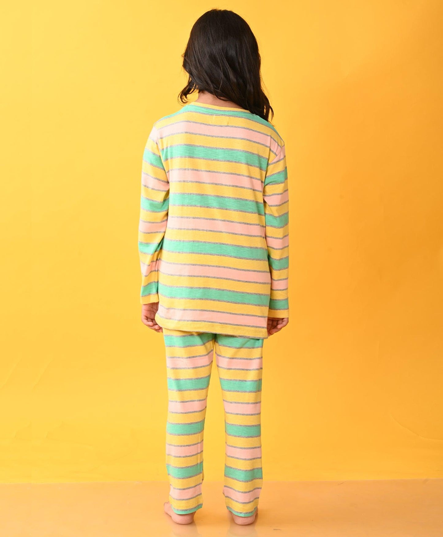 PEACH AQUA YELLOW GREY STRIPED LONG SLEEVES GIRLS PYJAMA SET - Anthrilo 