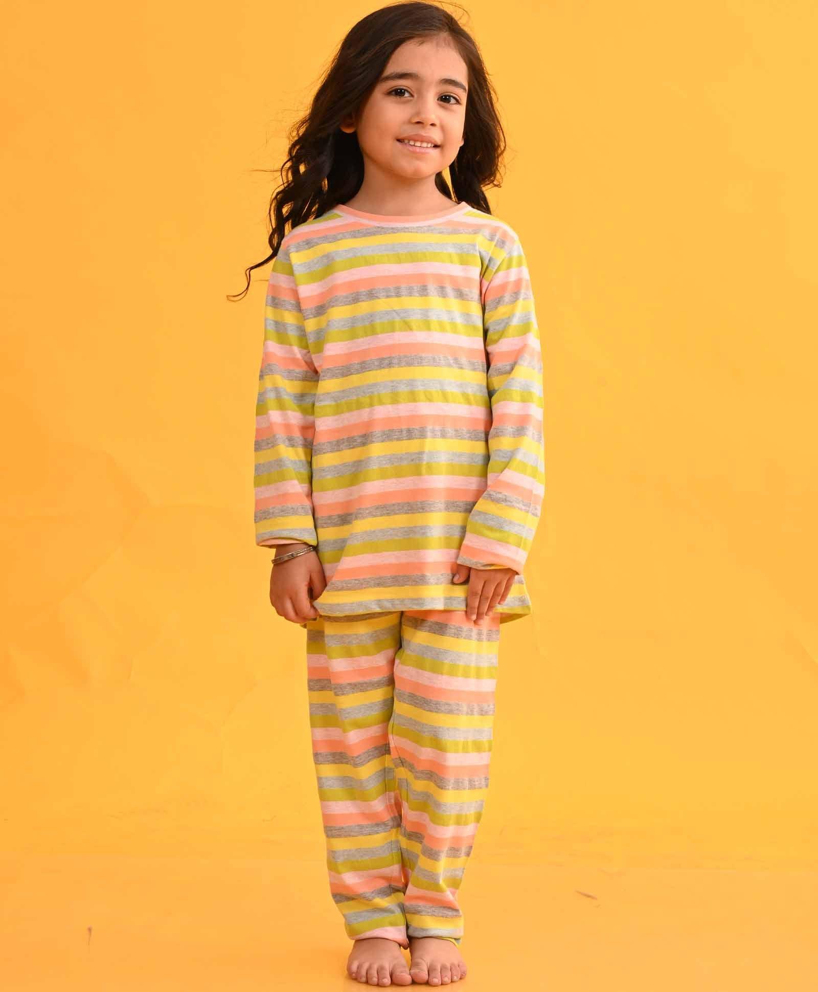 SKY YELLOW LIME PINK STRIPED LONG SLEEVES GIRLS PYJAMA SET - Anthrilo 