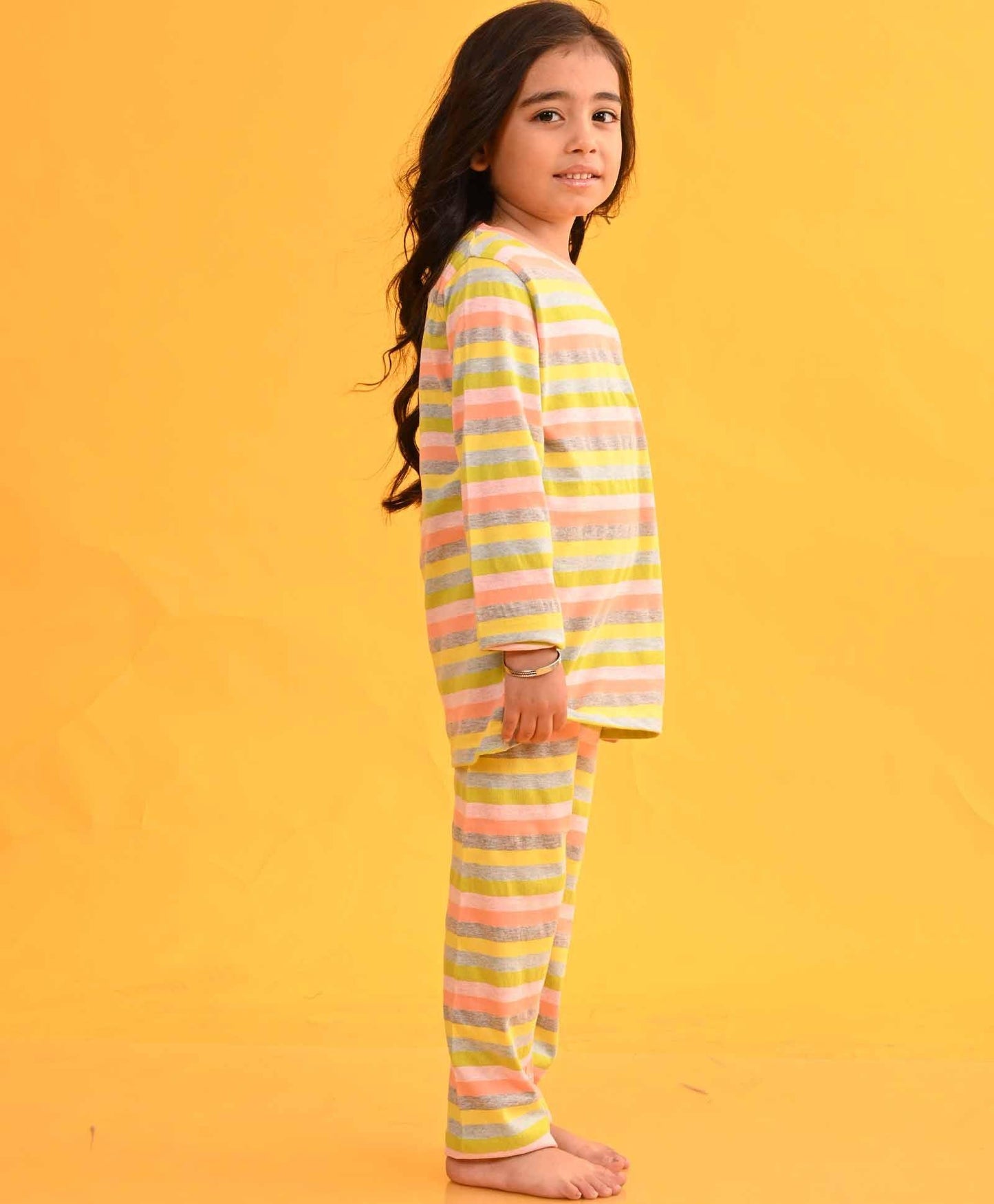 SKY YELLOW LIME PINK STRIPED LONG SLEEVES GIRLS PYJAMA SET - Anthrilo 