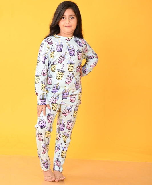 BUBBLE TEA LONG SLEEVES GIRLS PYJAMA SET - AQUA