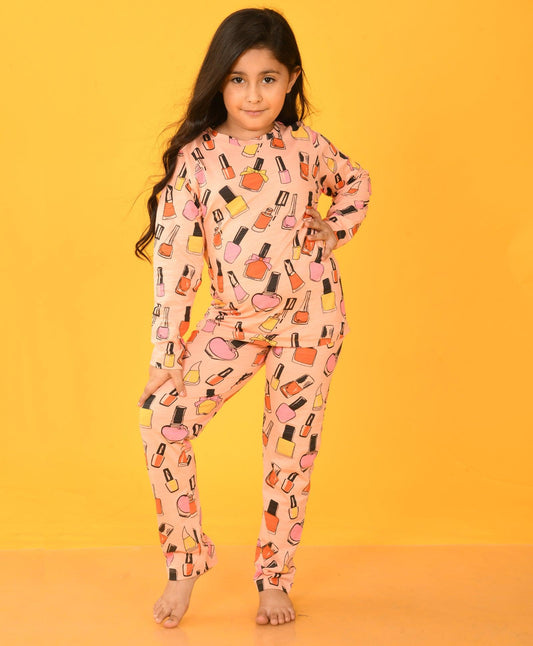 NAIL PAINT PEACH LONG SLEEVES GIRLS PYJAMA SET - PEACH