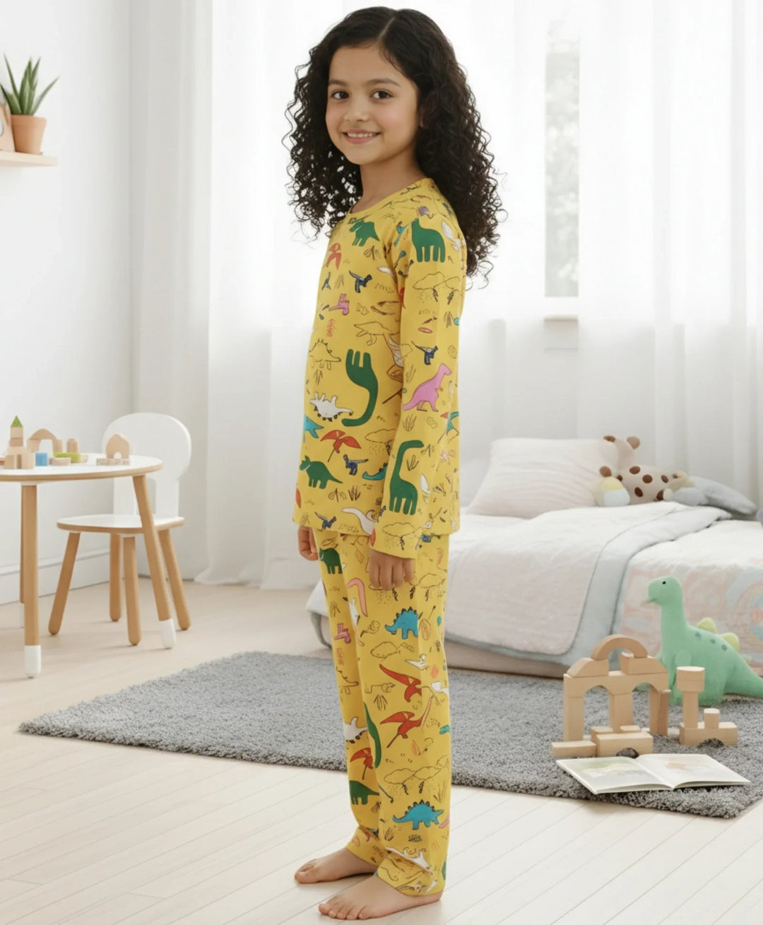 Raining Dinosaur Long Sleeves Pyjama Set - Yellow