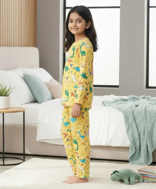RAINING DINOSAUR GIRLS LONG SLEEVES PYJAMA SET - YELLOW - Anthrilo 