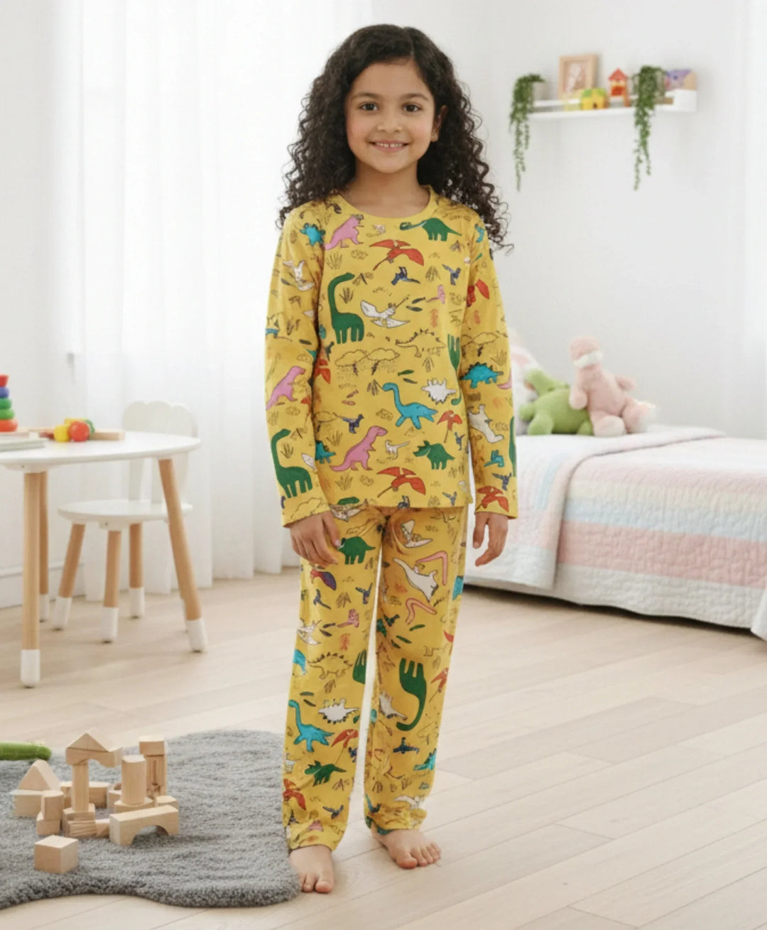 Raining Dinosaur Long Sleeves Pyjama Set - Yellow
