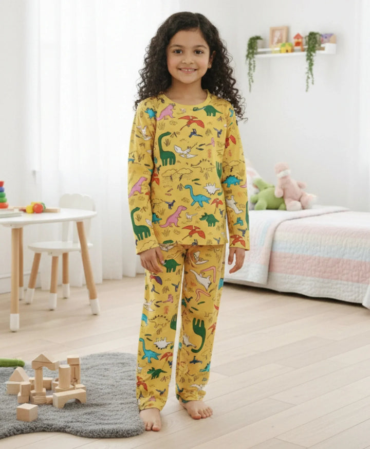 Raining Dinosaur Long Sleeves Pyjama Set - Yellow