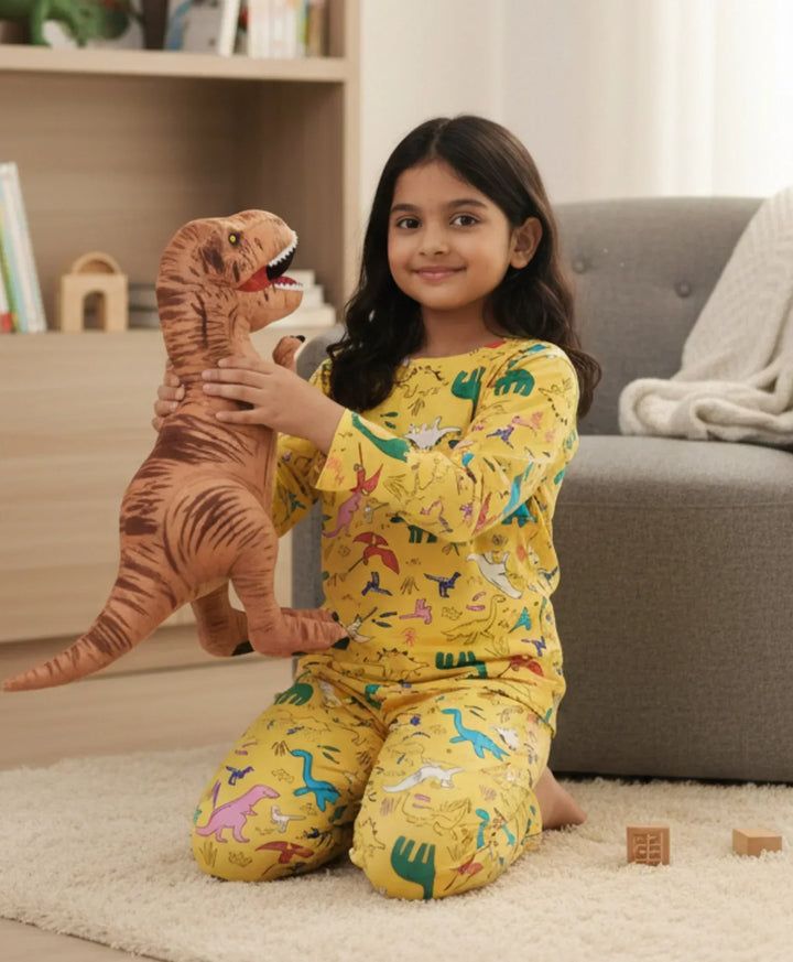 RAINING DINOSAUR GIRLS LONG SLEEVES PYJAMA SET - YELLOW - Anthrilo 