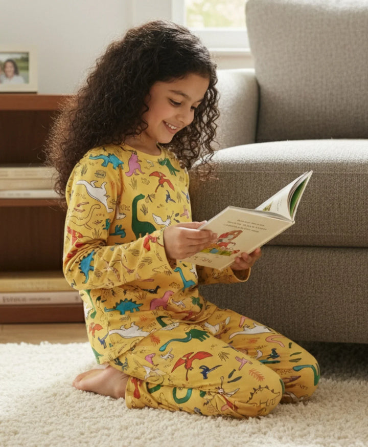 Raining Dinosaur Long Sleeves Pyjama Set - Yellow