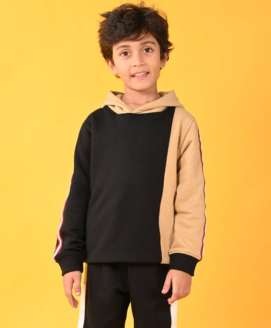 BLACK BEIGE SIDE TAPE FLEECE BOYS HOODIE - BLACK - Anthrilo 