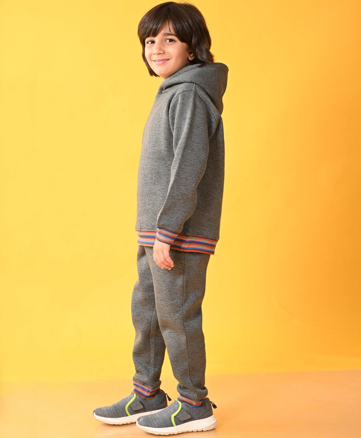 DARK GREY MELANGE FLEECE MULTICOLOR RIB HOODIE JOGGER SET - GREY - Anthrilo 