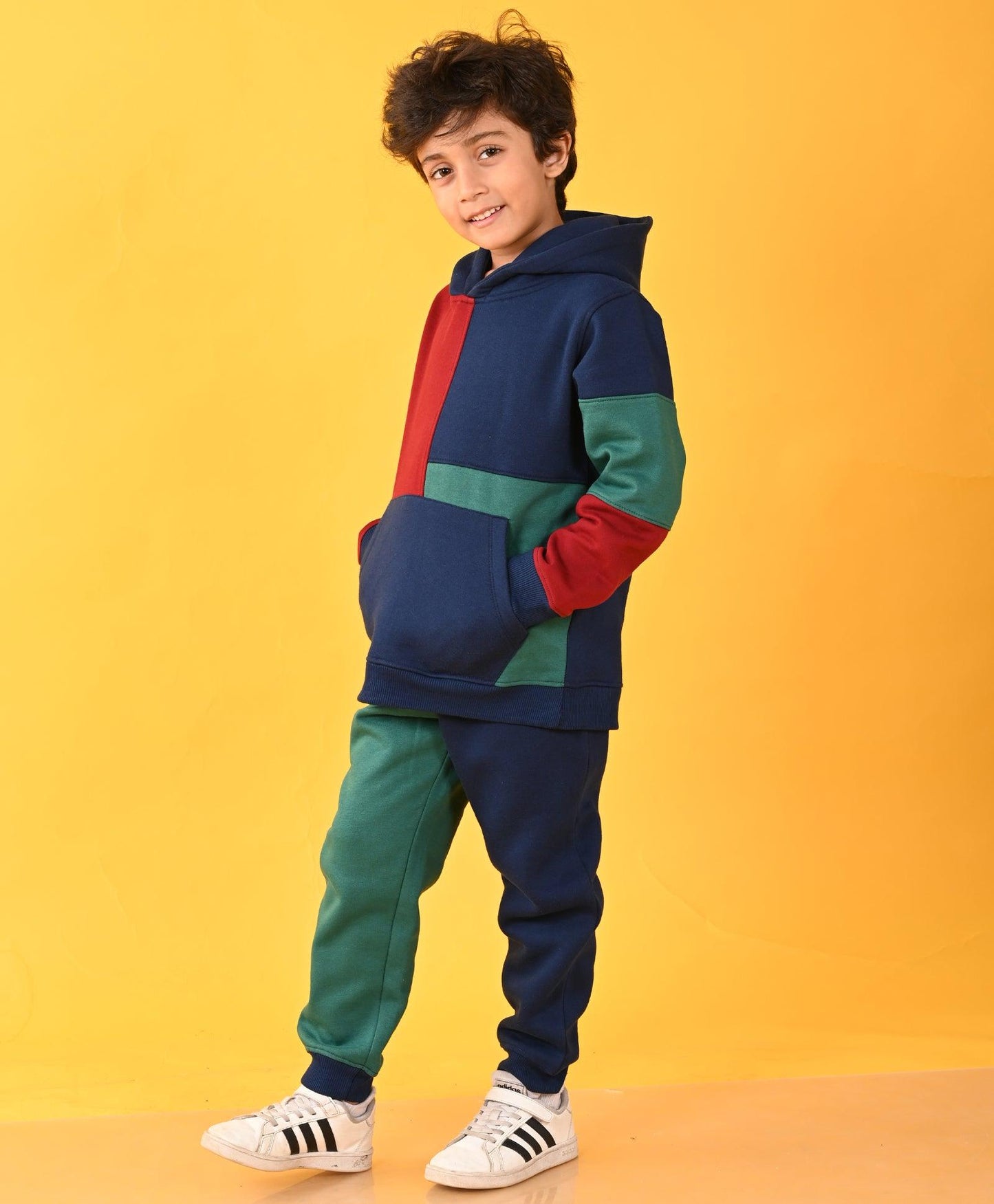 NAVY MEHROON GREEN COLOR BLOCK FLEECE HOODIE JOGGER SET - NAVY