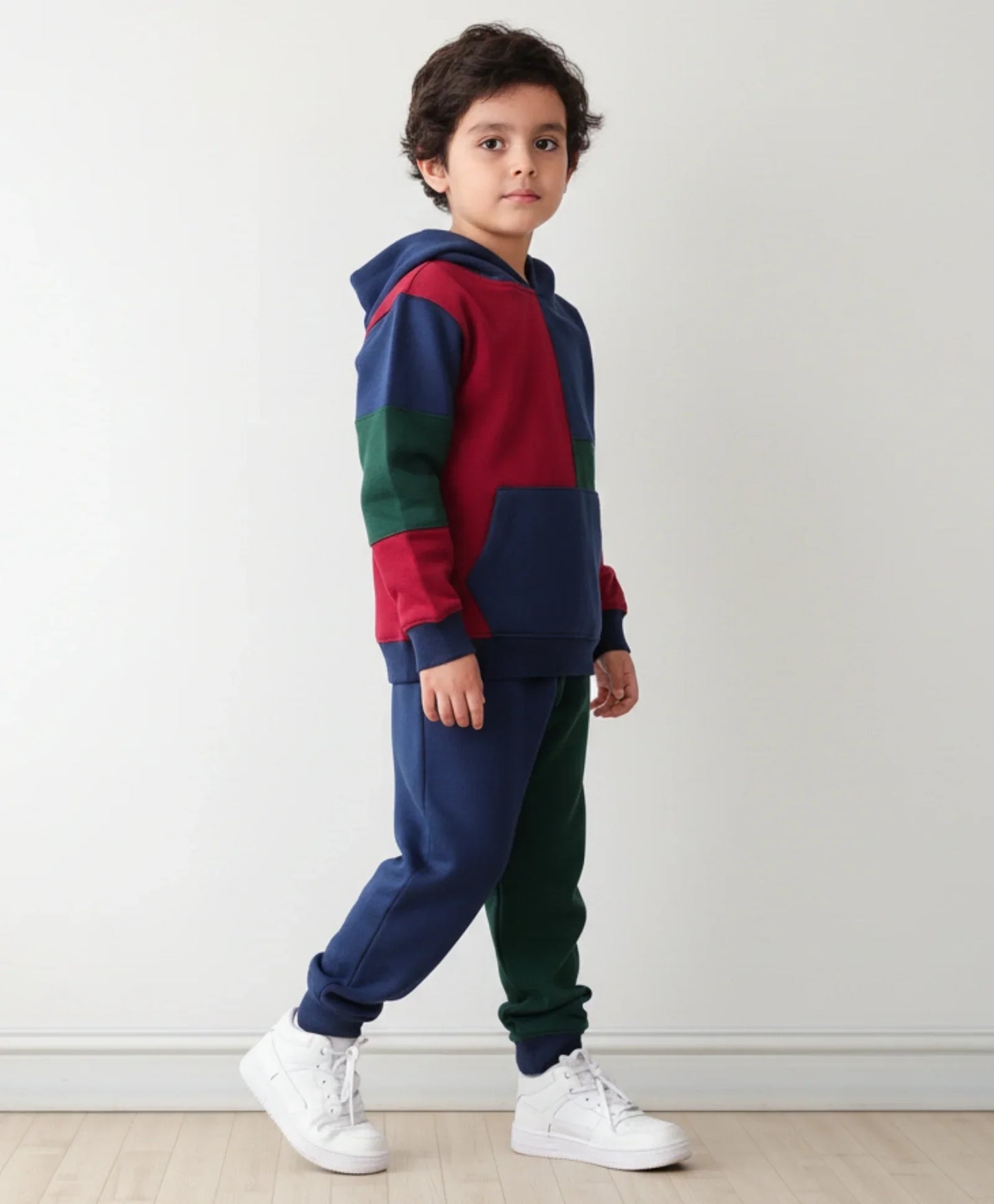 NAVY MEHROON GREEN COLOR BLOCK FLEECE HOODIE JOGGER SET - NAVY