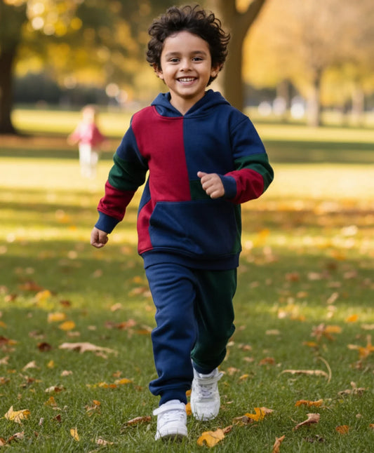 NAVY MEHROON GREEN COLOR BLOCK FLEECE HOODIE JOGGER SET - NAVY