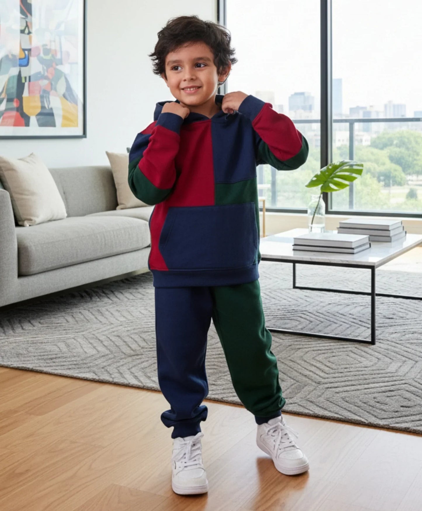 NAVY MEHROON GREEN COLOR BLOCK FLEECE HOODIE JOGGER SET - NAVY