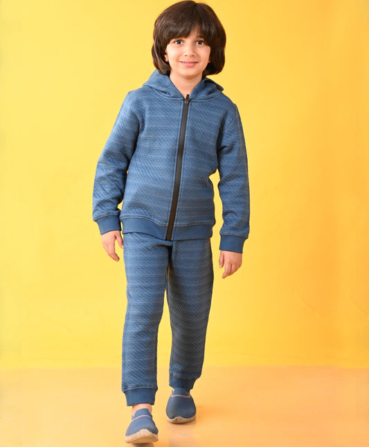 BLUE DIAGONAL QUILTED ZIPPER HOODIE JOGGER SET - BLUE