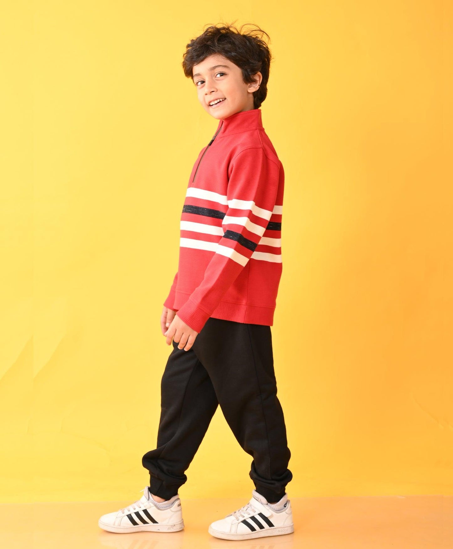 RED STRIPER HALF ZIPPER BLACK FLEECE SWEATSHIRT JOGGER SET - RED /BLACK