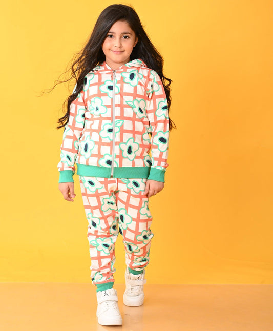 FLORAL CHECK FLEECE ZIPPER JOGGER SET - WHITE