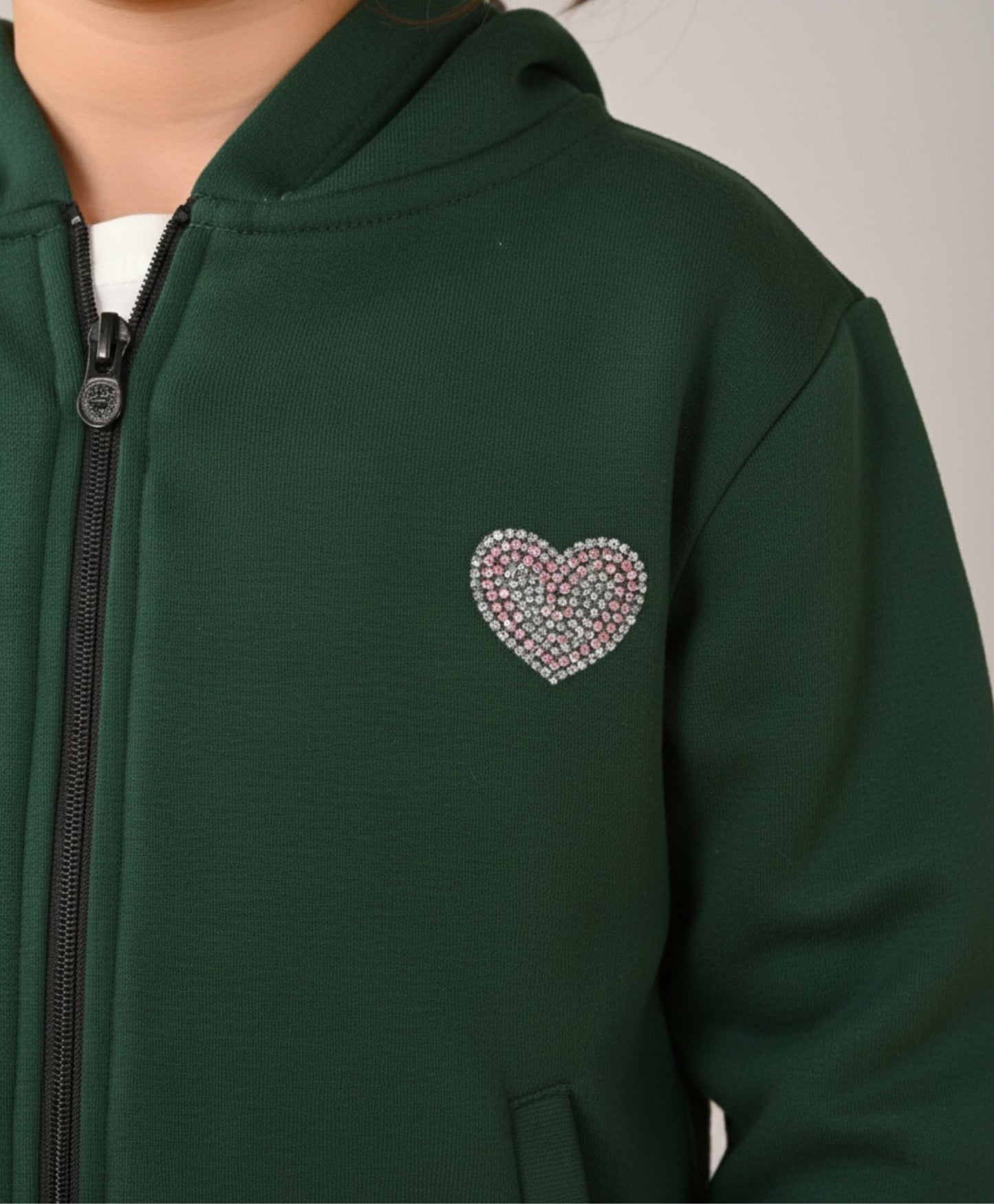 OLIVE FLEECE PINK GLITTER TAPE ZIPPER HOODIE - OLIVE