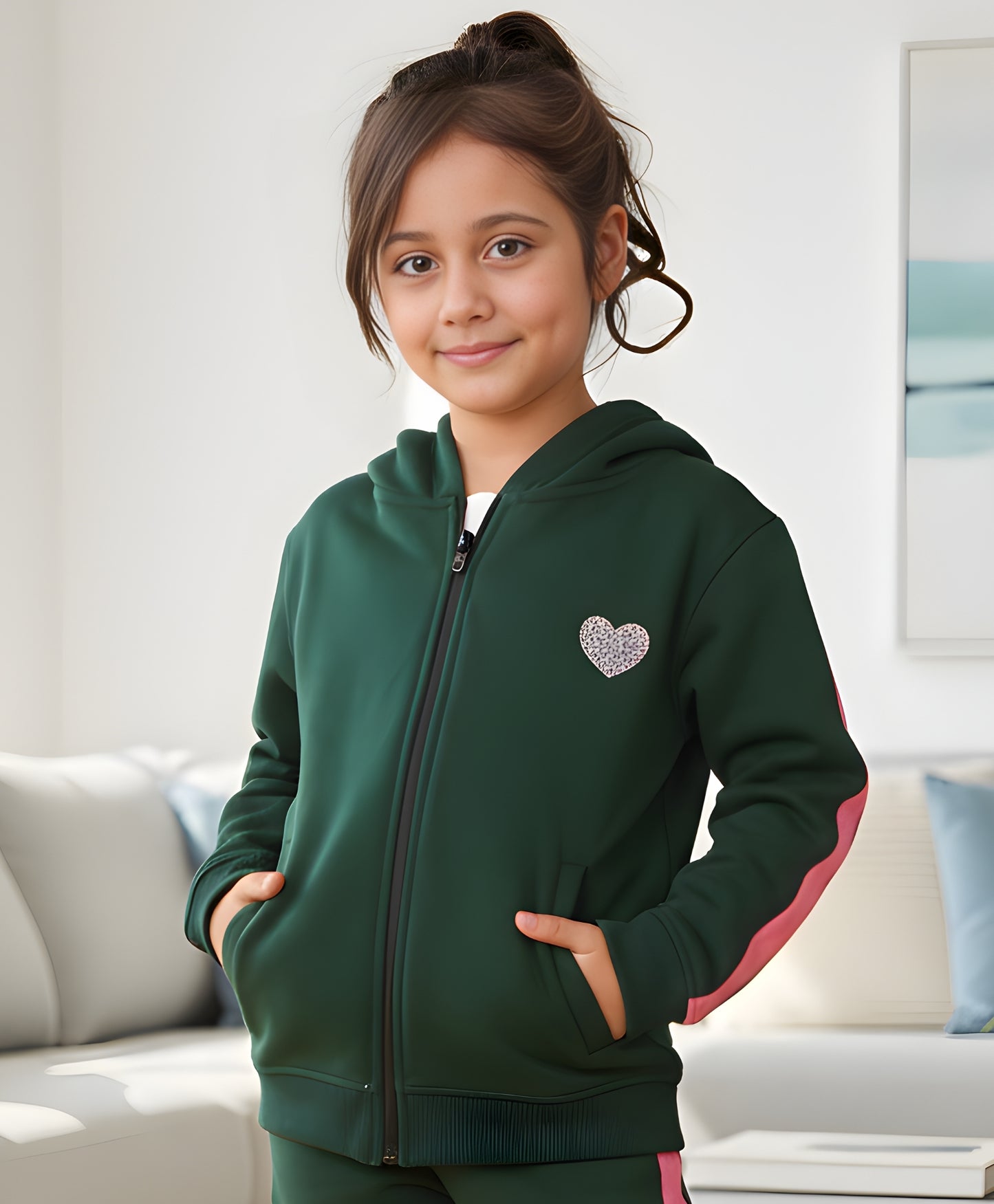 OLIVE FLEECE PINK GLITTER TAPE ZIPPER HOODIE - OLIVE