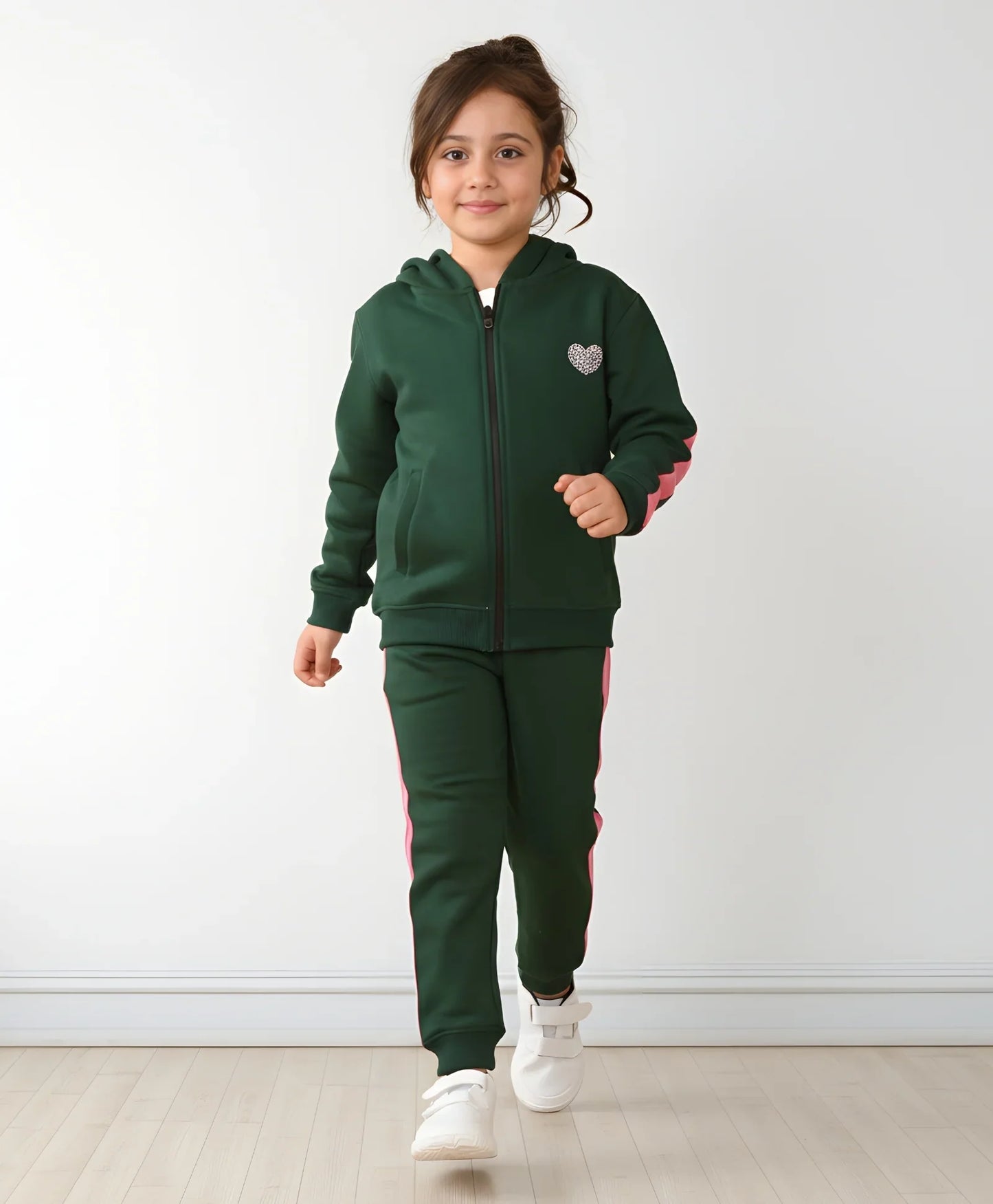 OLIVE FLEECE PINK GLITTER TAPE ZIPPER HOODIE JOGGER SET - OLIVE