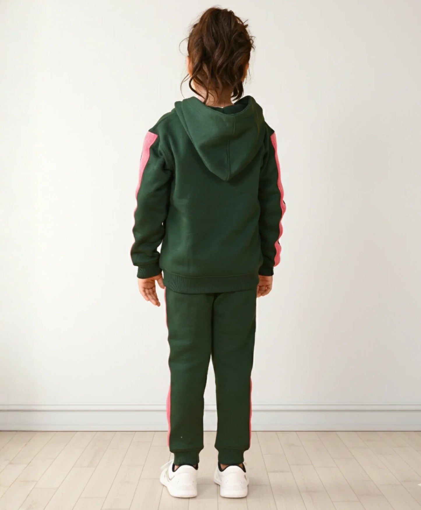 OLIVE FLEECE PINK GLITTER TAPE ZIPPER HOODIE JOGGER SET - OLIVE