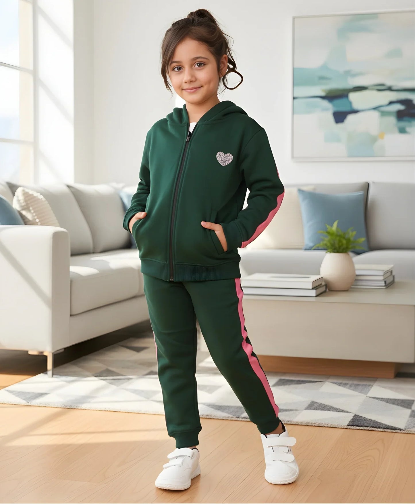 OLIVE FLEECE PINK GLITTER TAPE ZIPPER HOODIE JOGGER SET - OLIVE