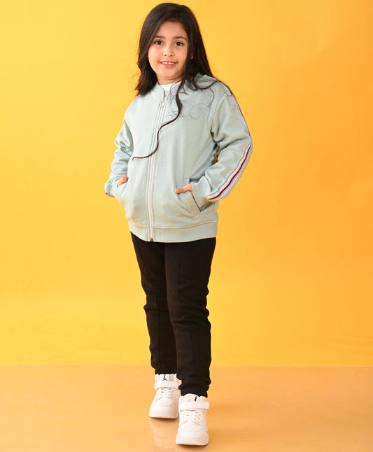 OIL GREEN PINK SIDE TAPE FLEECE ZIPPER SWEATSHIRT BLACK JOGGER SET - GREEN / BLACK