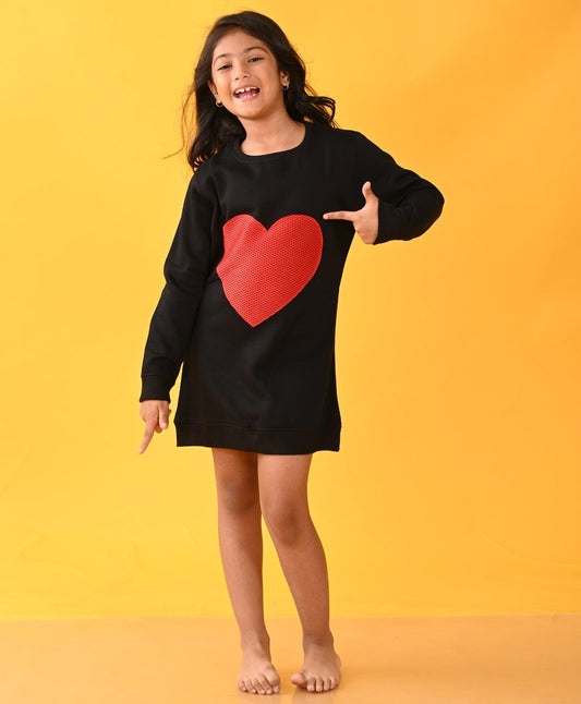 HEART SWEATSHIRT FLEECE DRESS D - BLACK - Anthrilo 