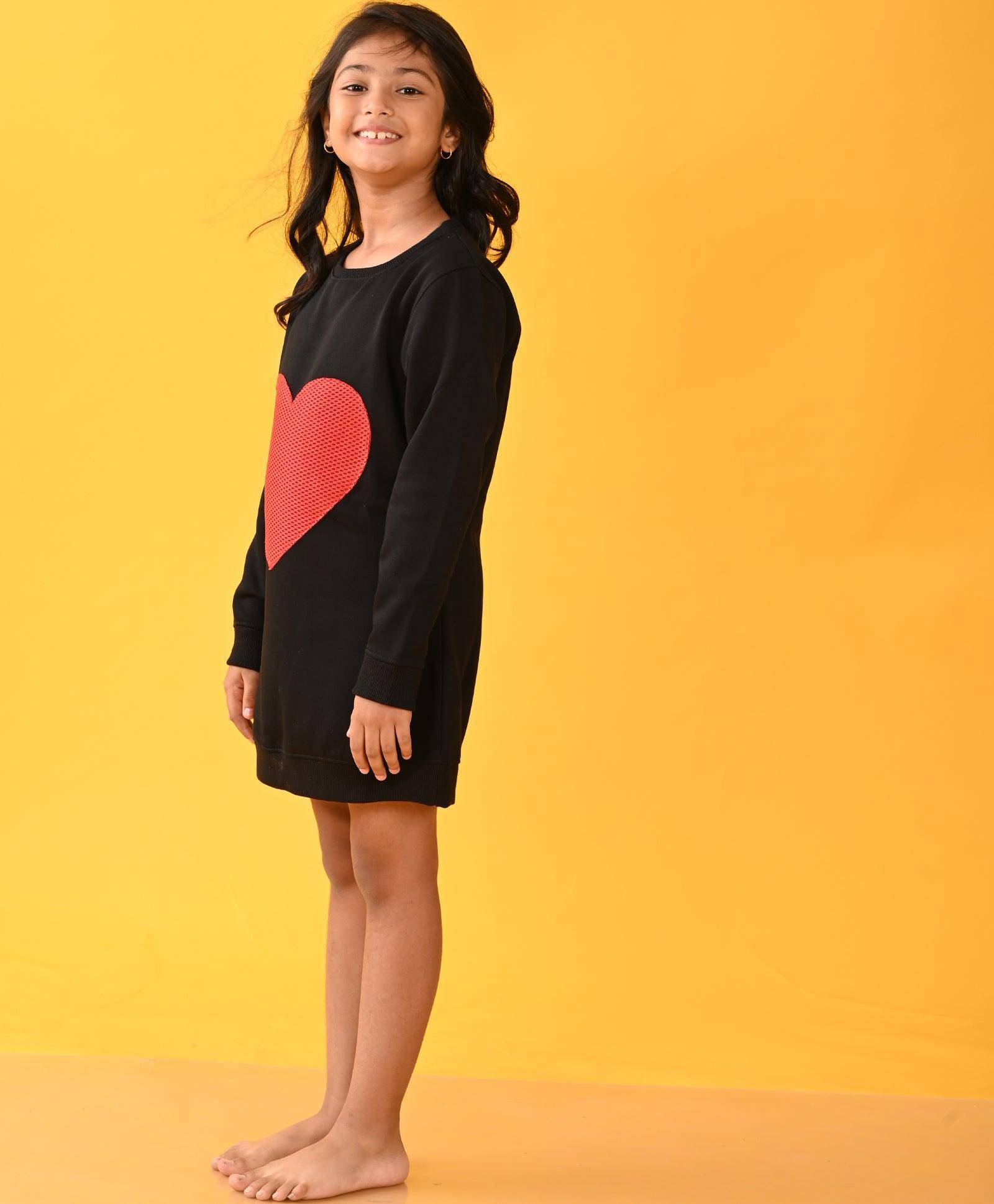 HEART SWEATSHIRT FLEECE DRESS D - BLACK - Anthrilo 