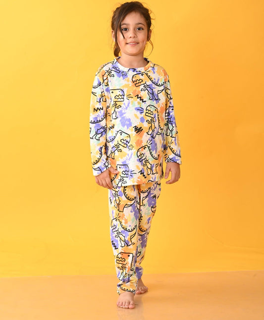 TIE DYE DINOSAUR GIRLS LONG SLEEVES PYJAMA SET - WHITE
