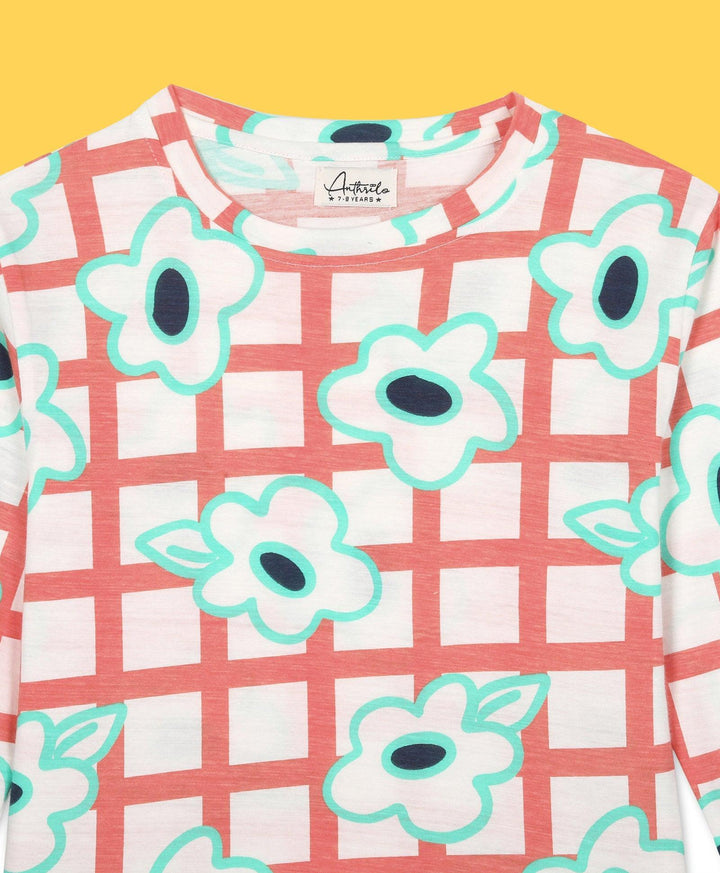 FLORAL CHECK AOP LONG SLEEVES T-SHIRT - WHITE - Anthrilo 