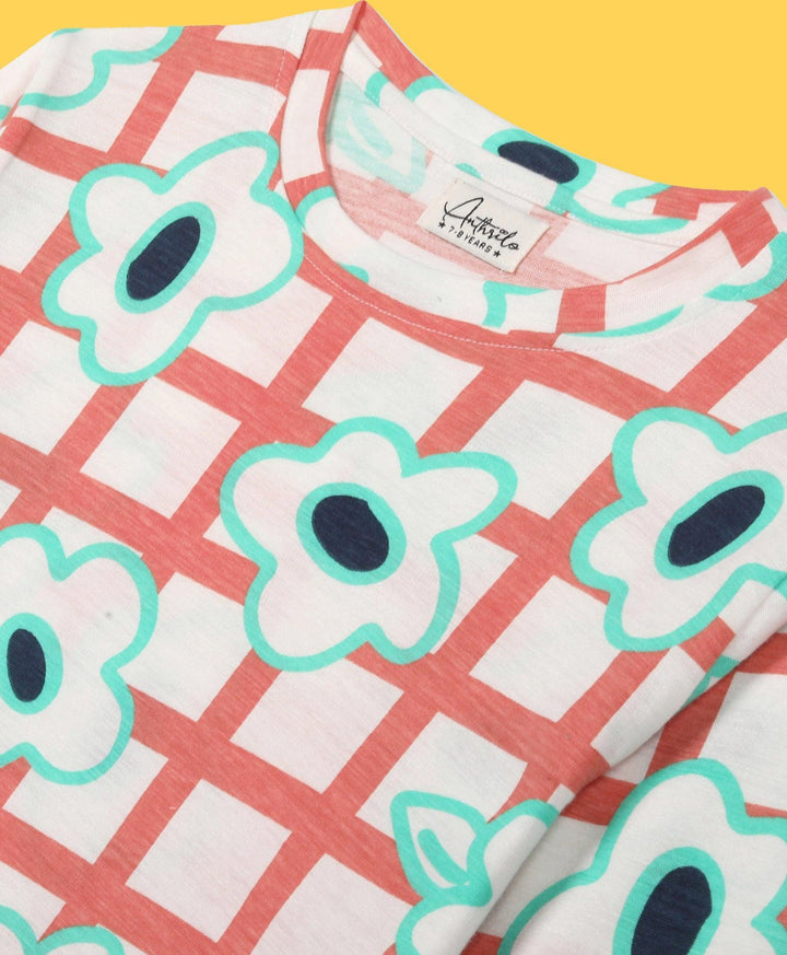 FLORAL CHECK AOP LONG SLEEVES T-SHIRT - WHITE - Anthrilo 