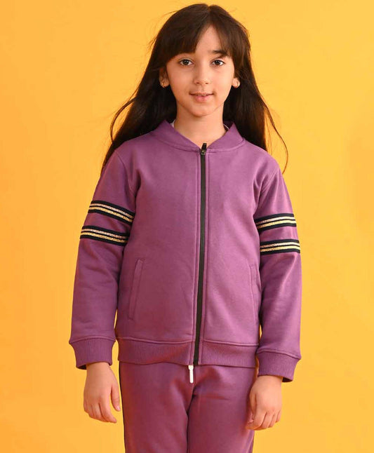 PURPLE GLITTER TAPE ZIPPER FLEECE SWEATSHIRT - PURPLE