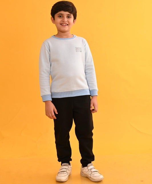 XPLR SKY ROUND NECK SWEATSHIRT BLACK FLEECE JOGGER SET - SKY / BLACK