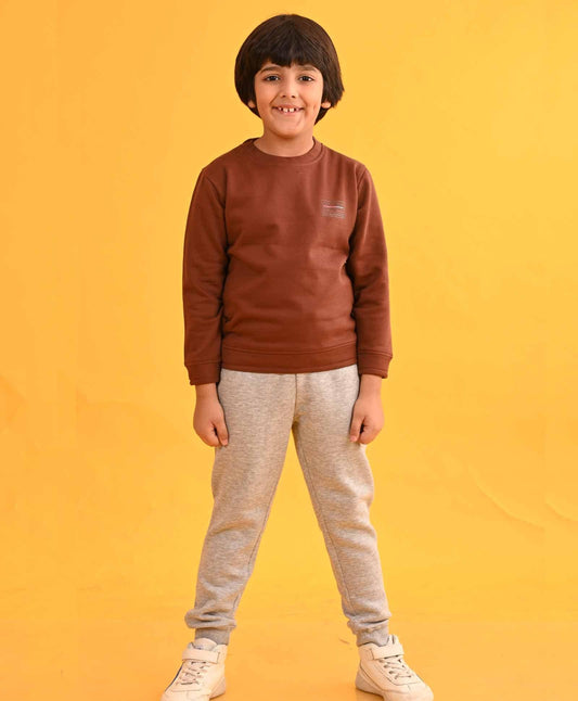 XPLR BROWN ROUND NECK SWEATSHIRT GREY FLEECE JOGGER SET - BROWN / GREY