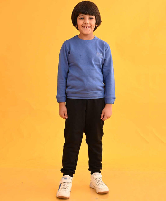 XPLR BLUE ROUND NECK SWEATSHIRT BLACK FLEECE JOGGER SET - BLUE / BLACK