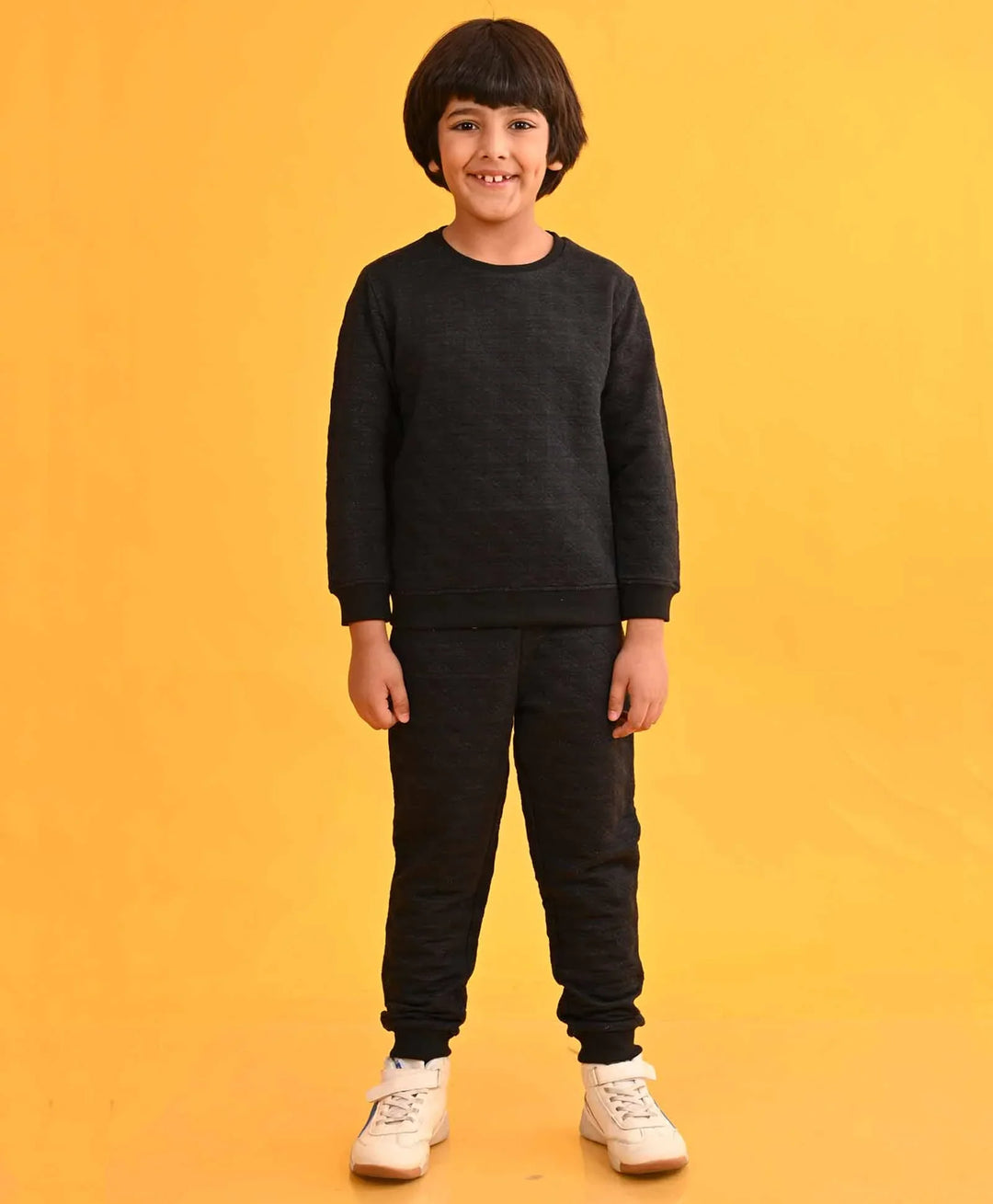 QUILTED BLACK MELANGE FLEECE BOYS SWEATSHIRT JOGGER SET - BLACK