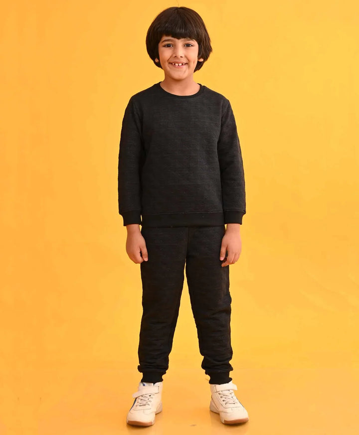 QUILTED BLACK MELANGE FLEECE BOYS SWEATSHIRT JOGGER SET - BLACK