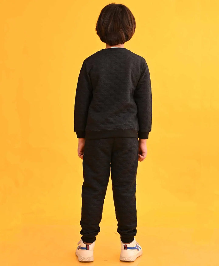 QUILTED BLACK MELANGE FLEECE BOYS SWEATSHIRT JOGGER SET - BLACK